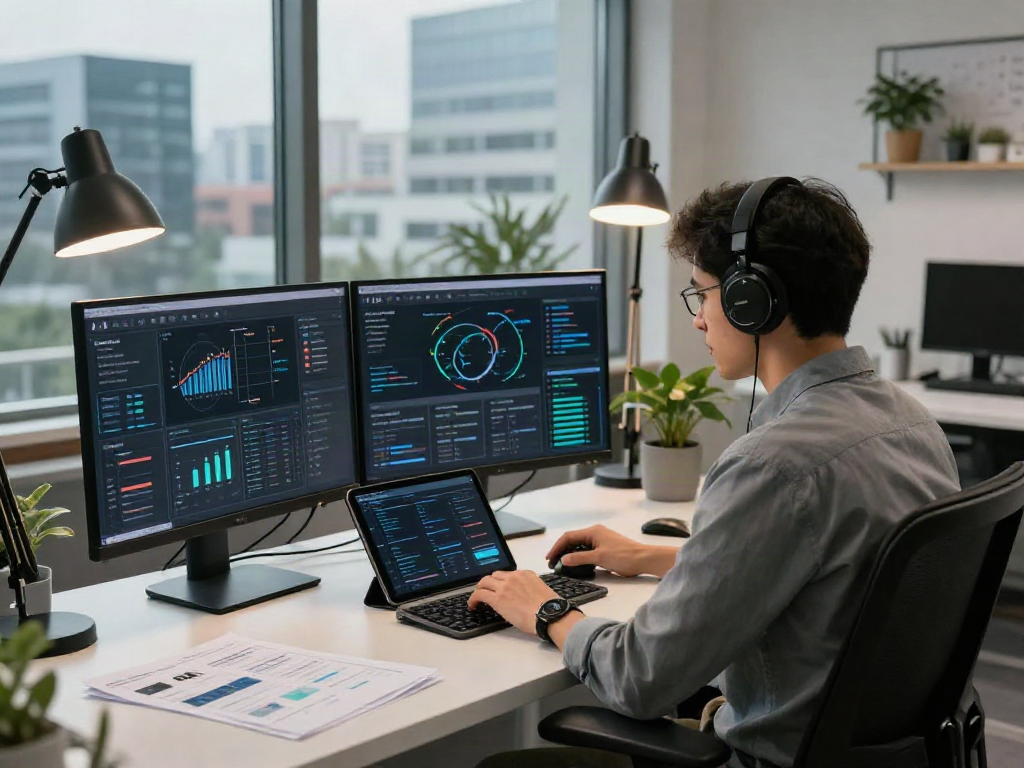AI Detection analytics in a modern tech workspace with a focused analyst reviewing data visuals.