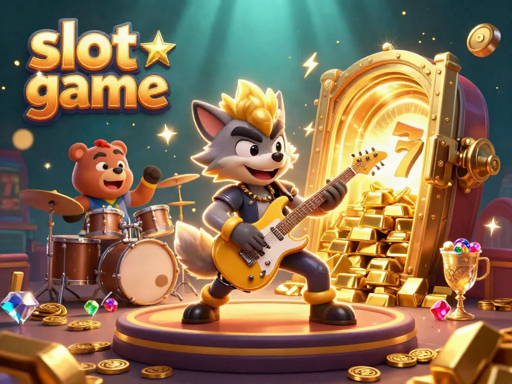 Slot game dengan karakter wolf rock star dan beruang drummer di panggung kasino.