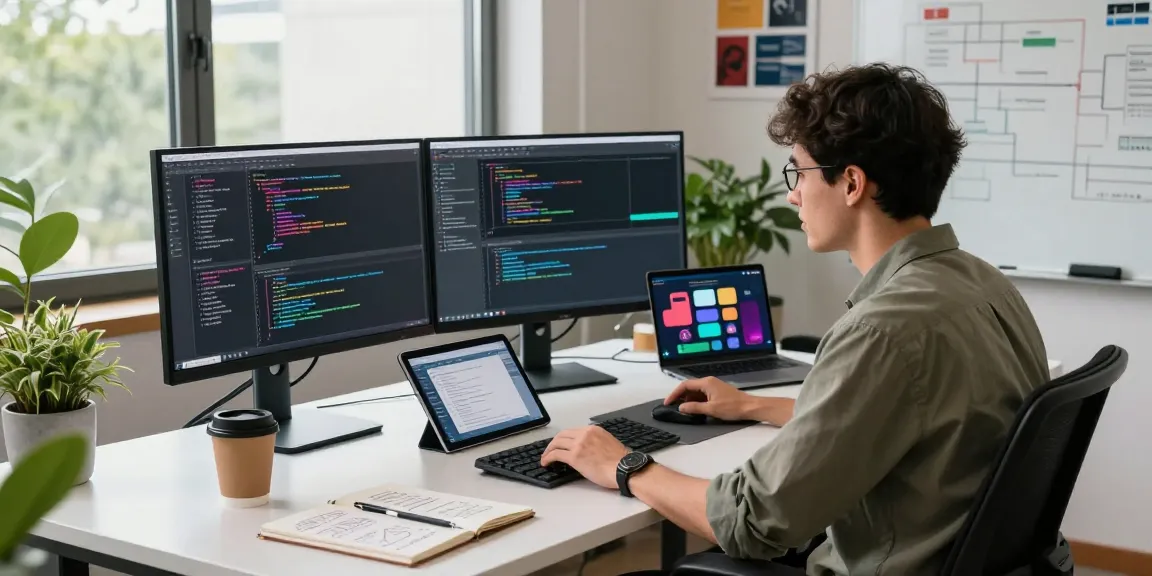 Developer coding in innovative office with kecak4d app design elements.
