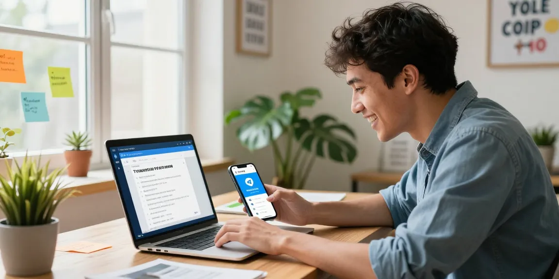 Engaging with the Telegram Chinese guide 2026 in a vibrant home office, showcasing dynamic digital interaction and resources.