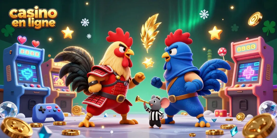 Découvrez le casino en ligne avec des coqs combattants en pleine action, entourés d'éléments de jeu vibrants.