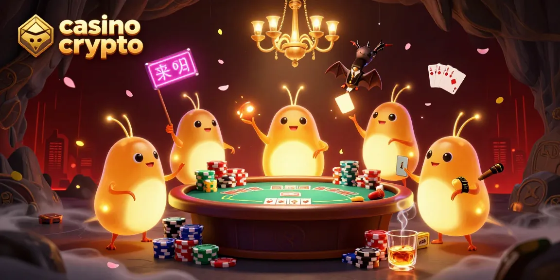 Les larves lumineuses illuminent un casino crypto avec leurs lumières dorées et un dealer chauve-souris, tout en jouant.