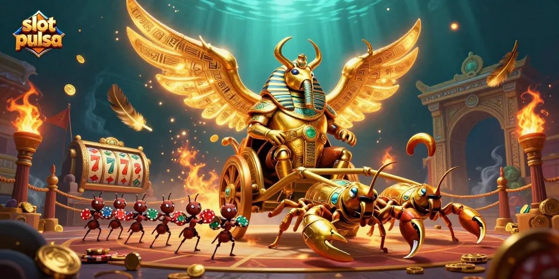 Experience thrilling slot pulsa action with our golden scarab and scorpion chariot, amidst dynamic casino elements!