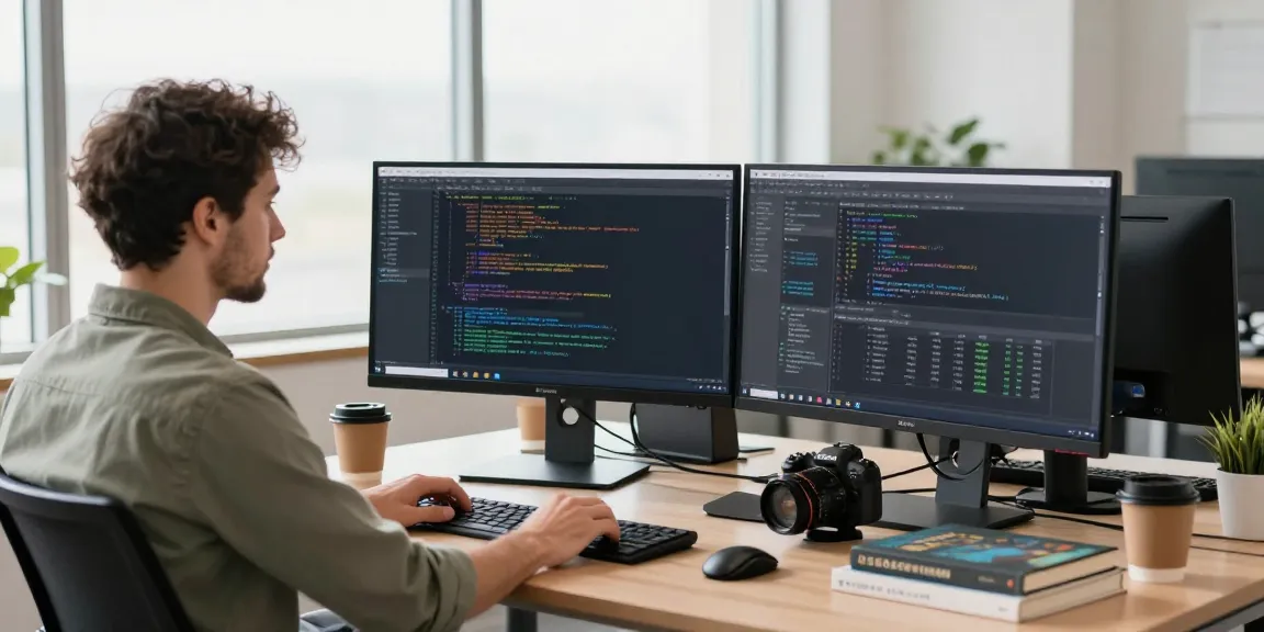 快连 software developer coding in a modern workspace with dual monitors, books, and coffee.