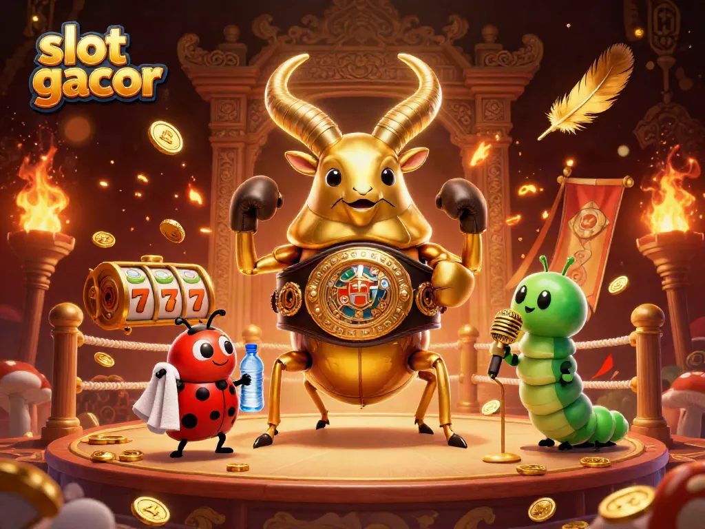 Slot gacor menampilkan karakter 3D lucu dalam pertarungan slot di arena permainan berkilau.