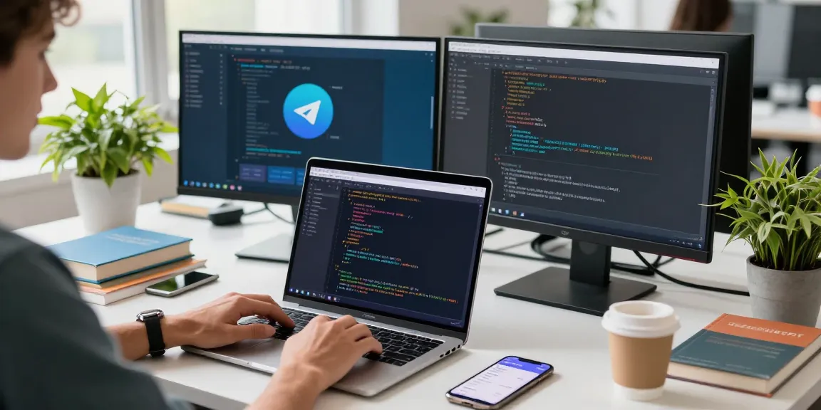 Engaging tech workspace featuring a developer coding the 纸飞机中文版 messaging app with multiple screens and tools.