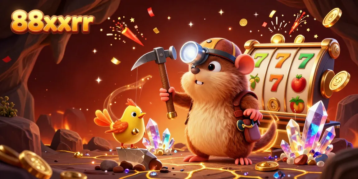 Engage with 88xxrr in a vibrant treasure hunt themed casino illustration showcasing slots and golden moments.