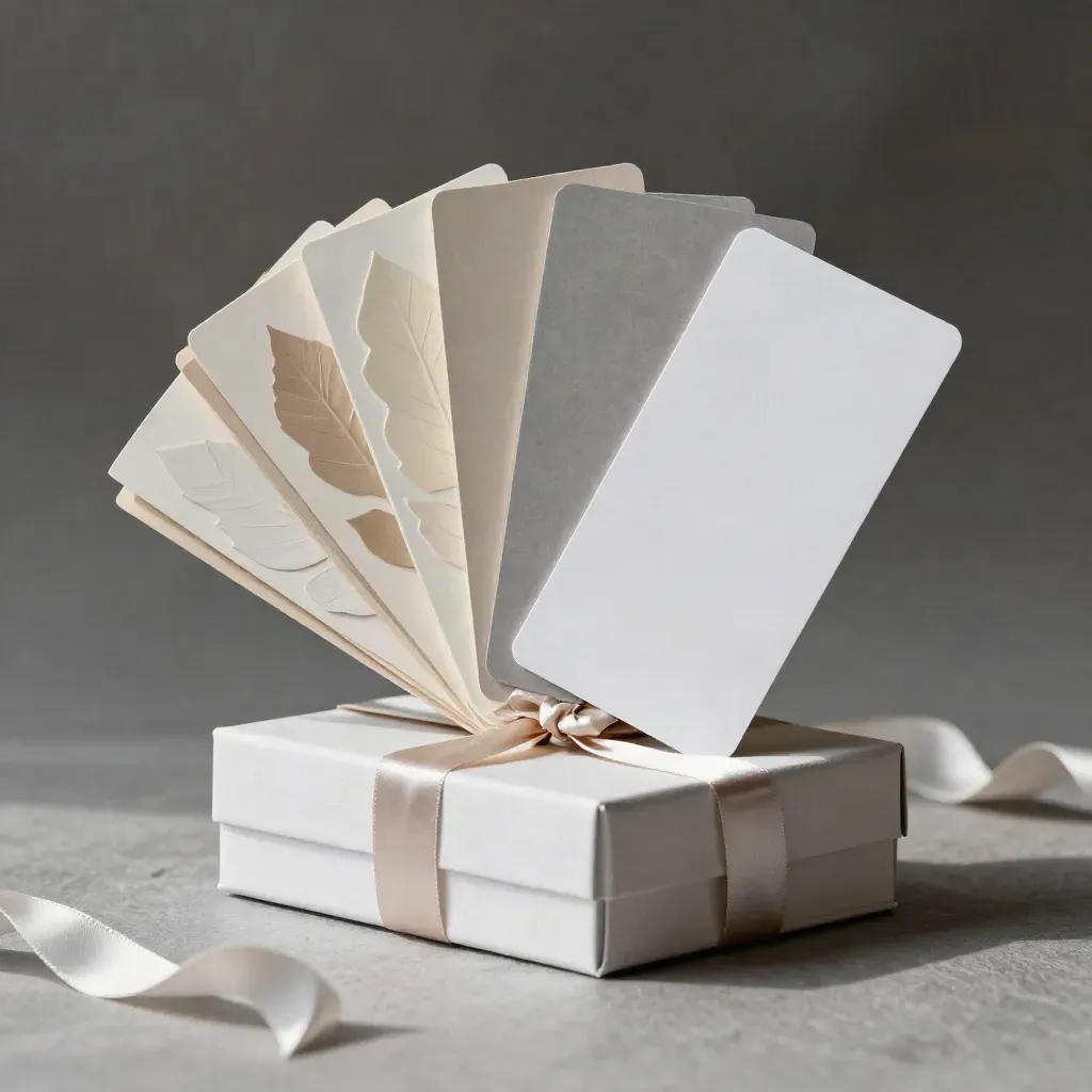 Macro of a pearl-white identity box with swatch fan, rule cards, and ribbon wrap on ash-grey linen.