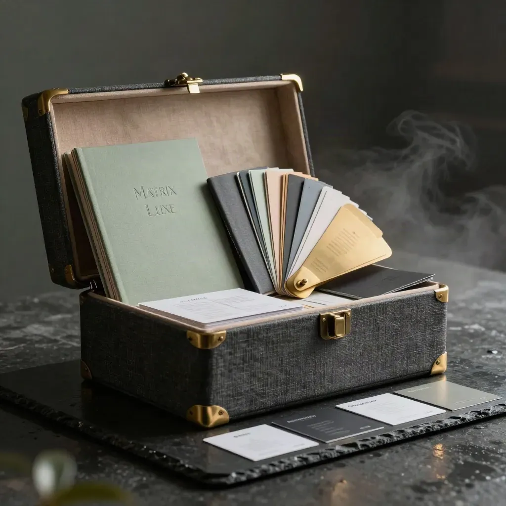 Luxury brand strategy chest with binders, swatch fan and launch cards on a dark studio plinth.