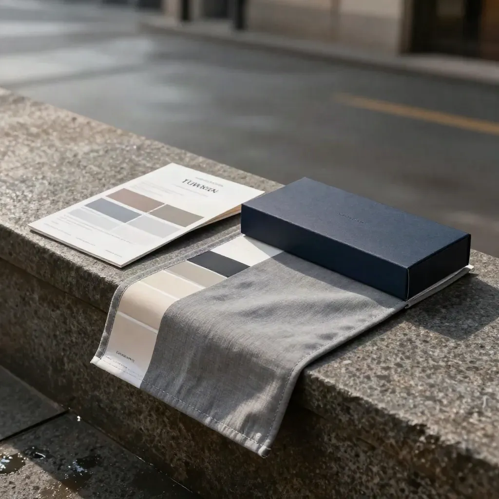 Matte linen launch kit with color chips and presentation box on dark stone ledge