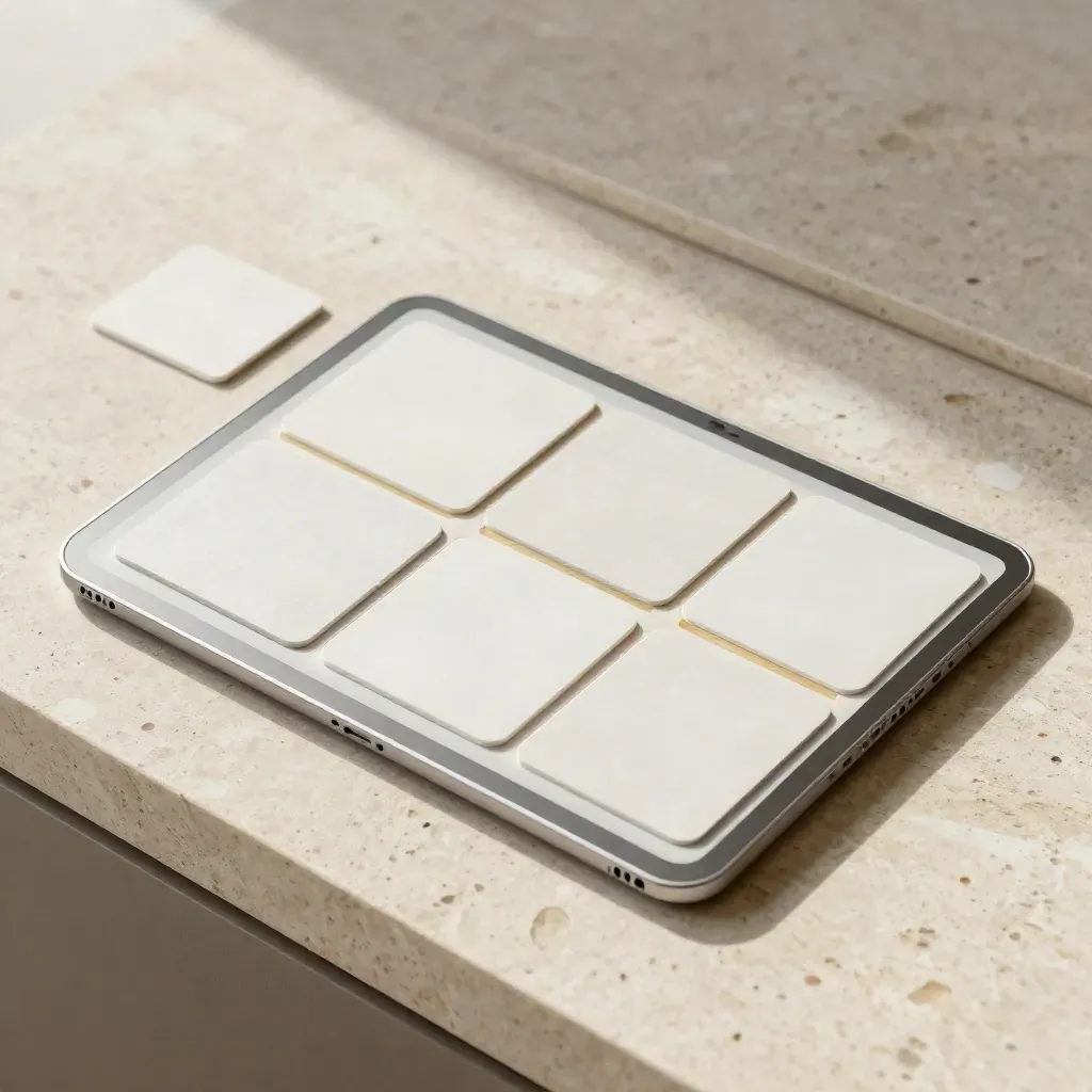 Overhead flatlay of a blank tablet shell with modular layout cards on pale travertine.