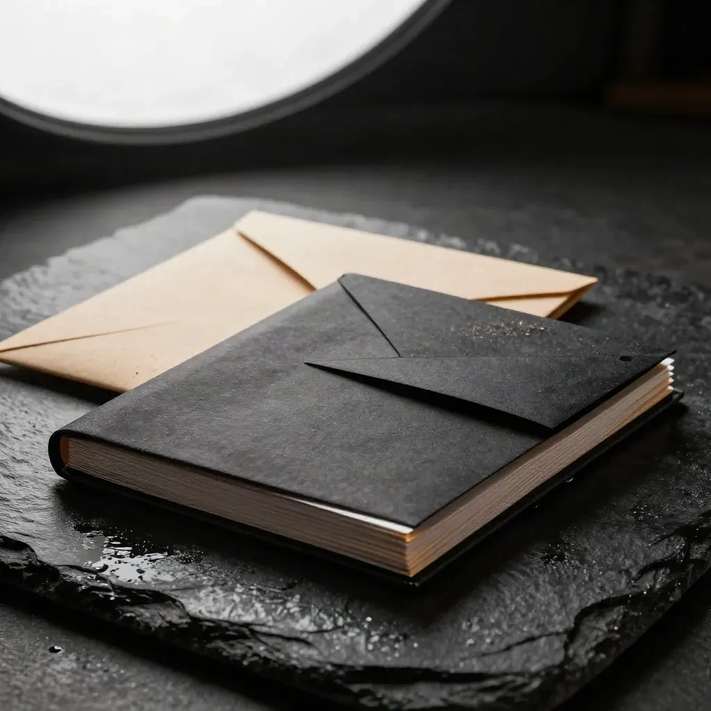 Wet black stone holds a half-unfolded strategy folio with cards and a sealed envelope.