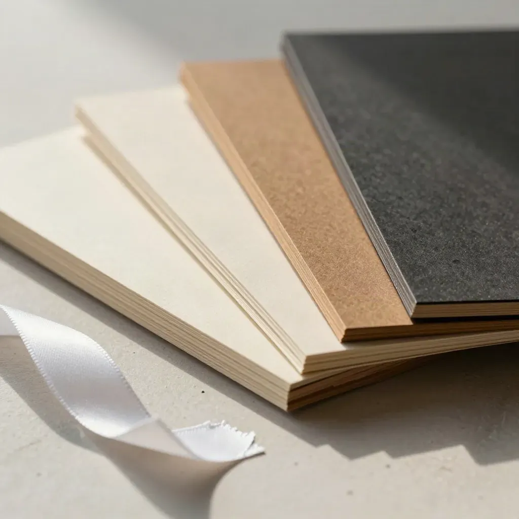Three cream packaging maquettes with tissue and folded board samples on a plaster surface.