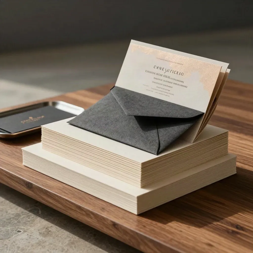 Launch collateral deck, envelope set, and promo inserts cascading on walnut with gold accents.