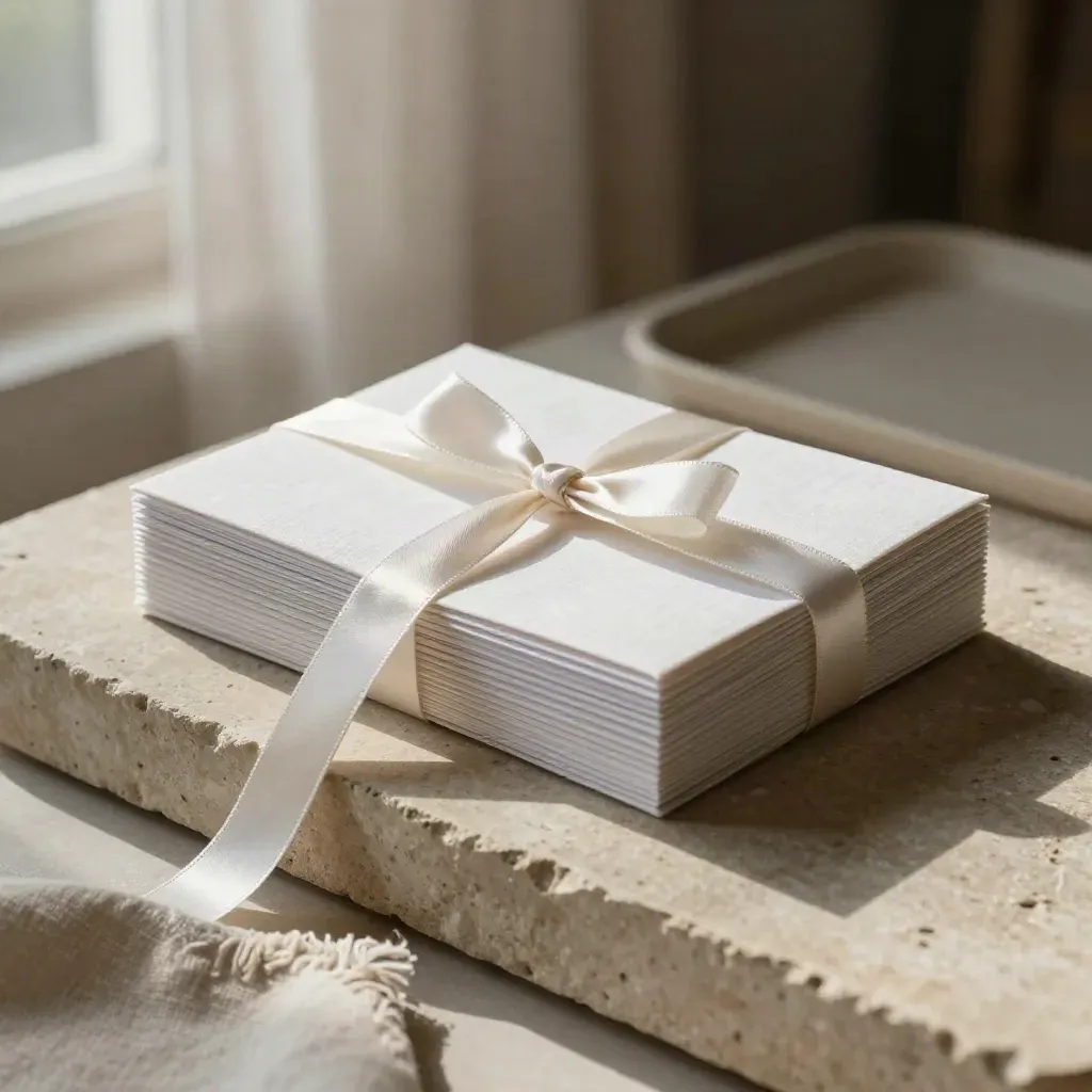 Linen welcome deck with ribbon and insert cards on a warm stone plinth.