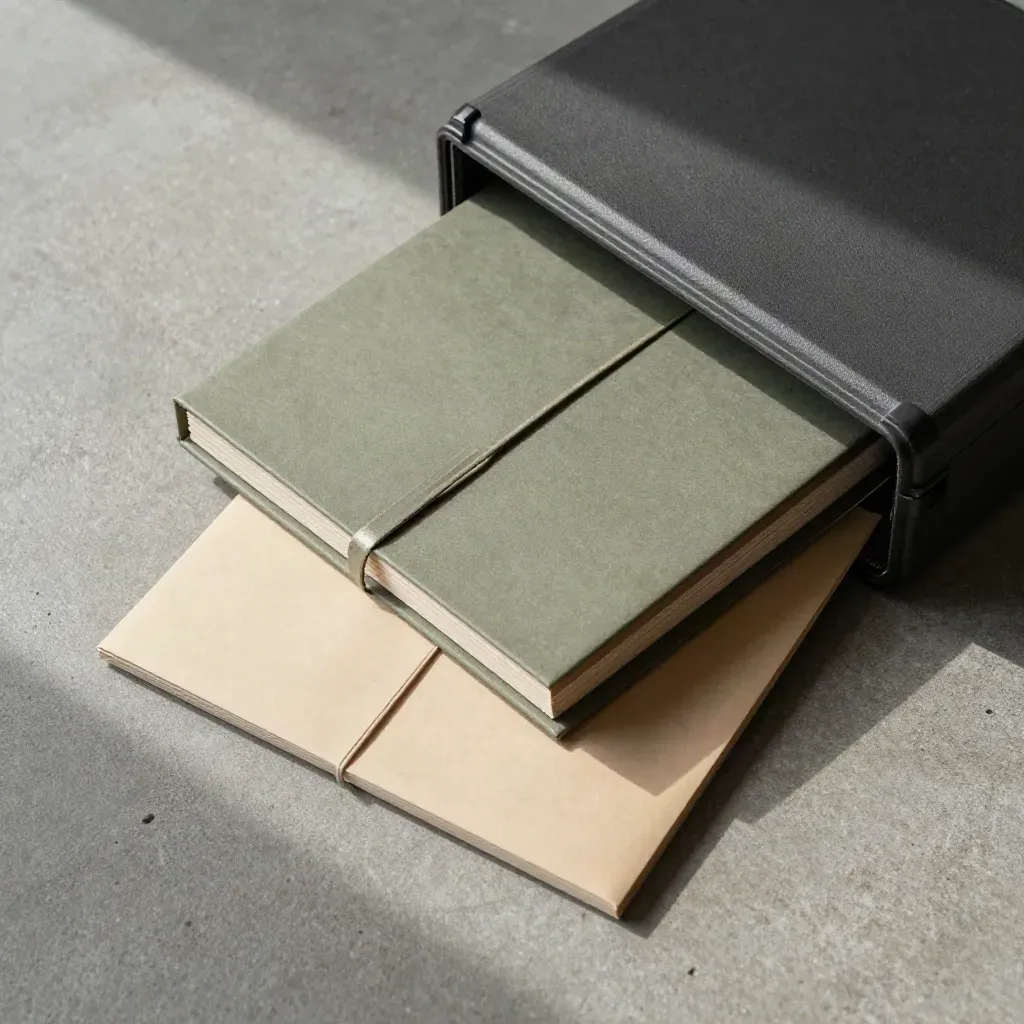 Top-down audit folio spilling from a rigid case on concrete with tabbed dividers and dust motes