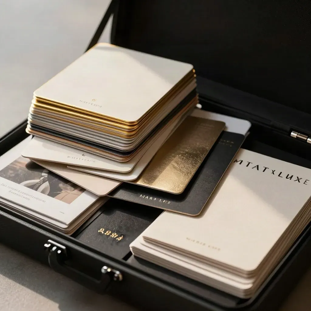 Oversized presentation case bursting with gold-edged brand boards and sample cards on matte black.