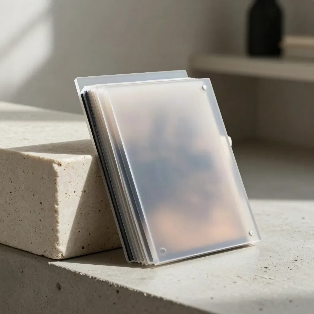 Frosted acrylic story template stack leaning on stone with navy accents