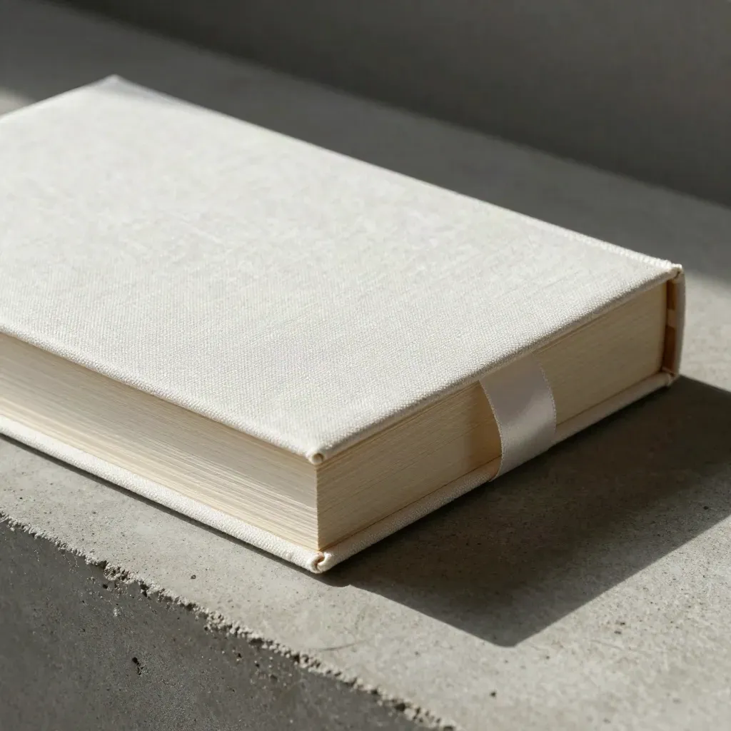 Linen presentation deck in a rigid slipcase with ribbon pull and layered sample cards