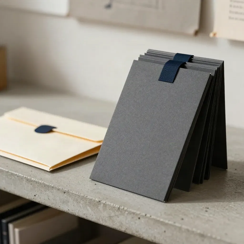 Three proof cards in sleeves beside a sealed mailer on a concrete shelf, softly lit in navy and cream.