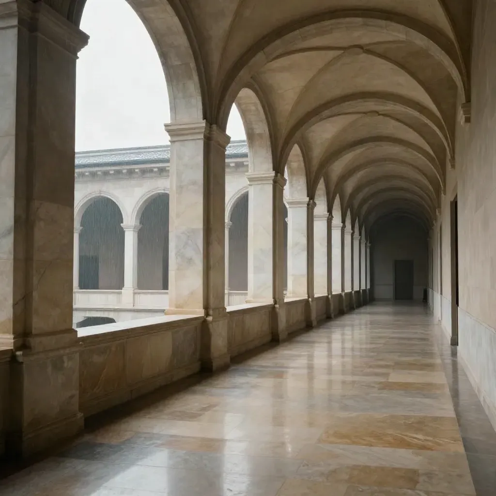 Tall marble gallery corridor with soft window glow, rain haze, and calm copy space below.