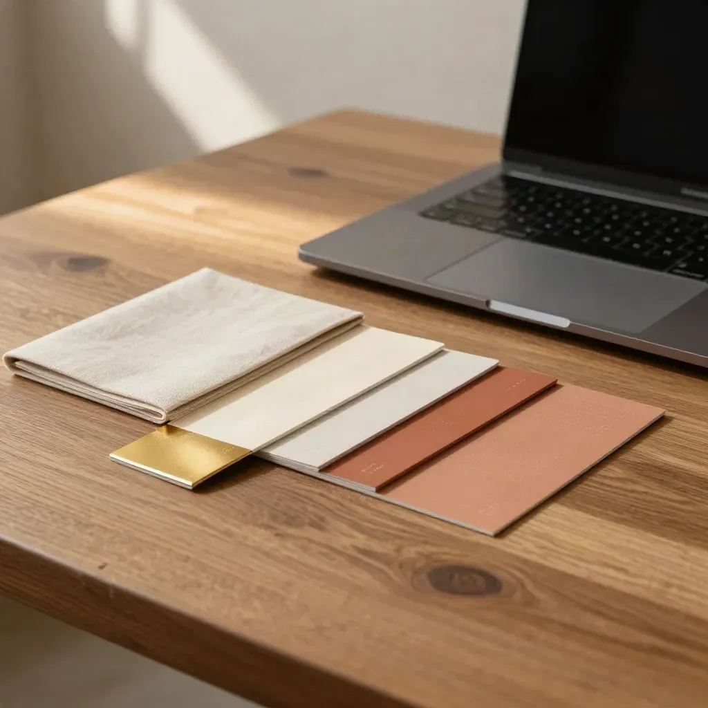 Luxury website kit mockups on an oak tabletop with warm sun and brass accents.