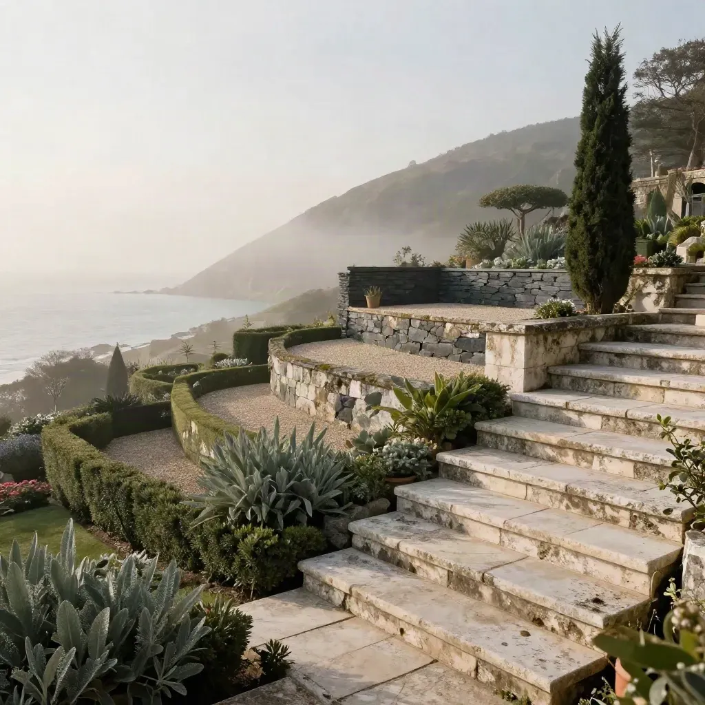 Misty terraced coastal garden of pale stone steps, clipped greenery, and dawn fog