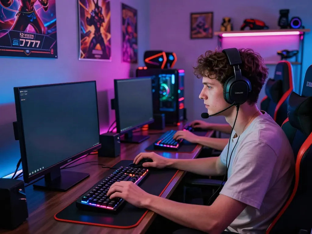 Pengguna berfokus pada permainan slot777 dengan setup gaming yang menarik dan poster bertema game.