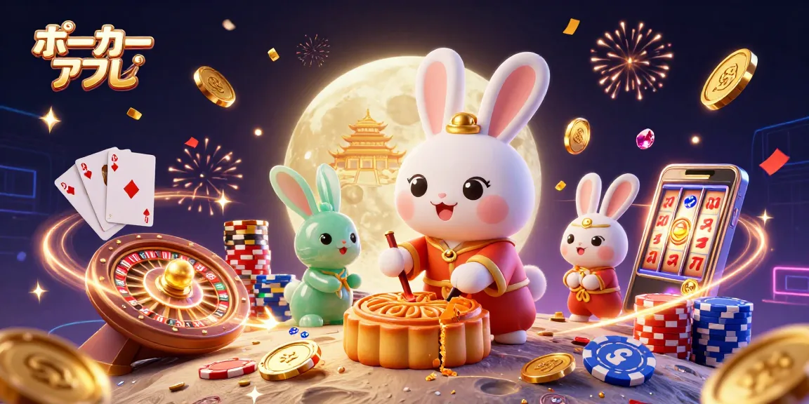 ポーカーアプリで遊ぶシーンを描いた3Dイラスト。月のウサギと黄金のパレスが特徴的。