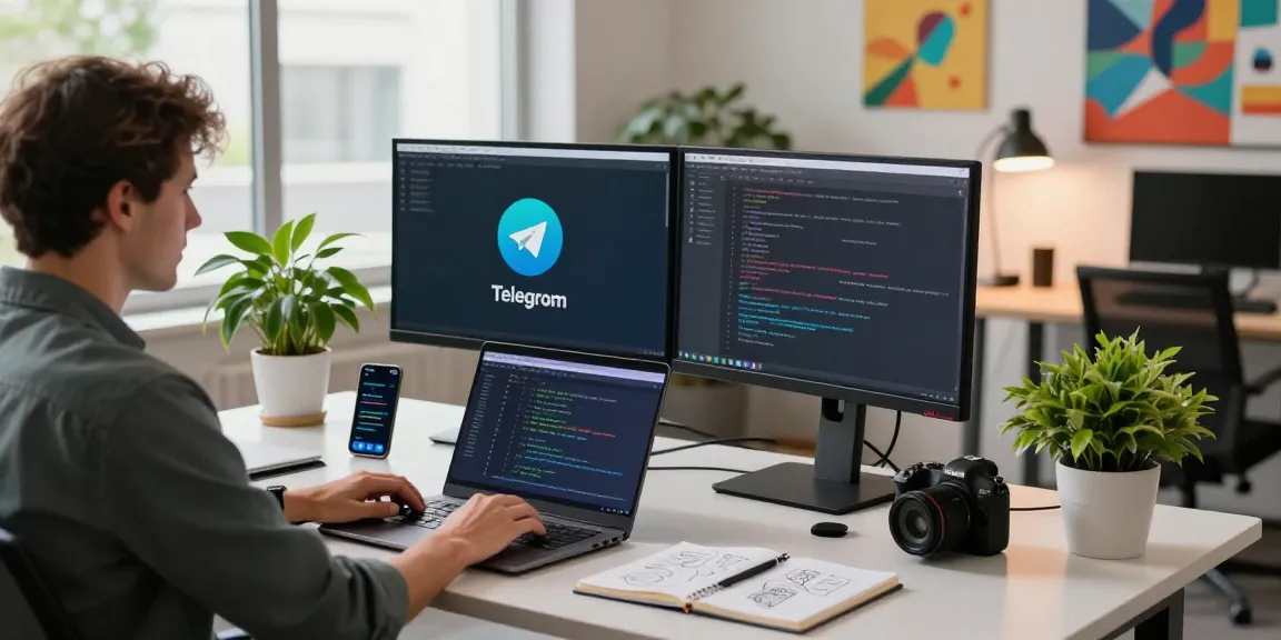 Innovative workspace with Telegram interface, showcasing productivity at telegramin-cn.com.