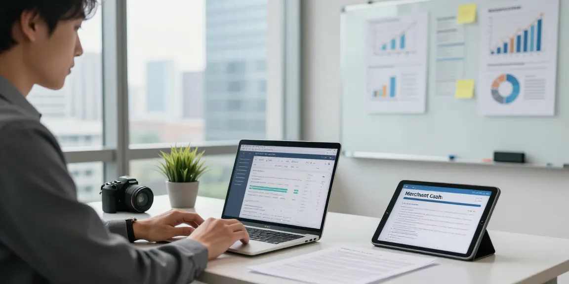 Entrepreneur evaluating the best merchant cash advance UK no credit check options at a modern office desk.