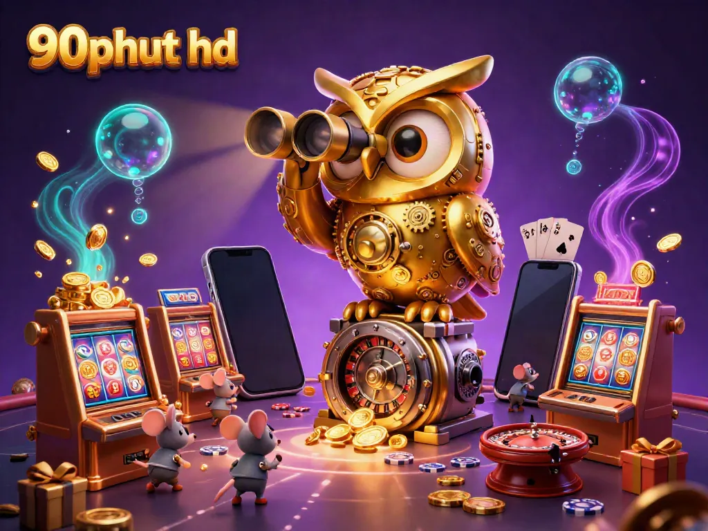 Experience thrilling games on 90phut hd with a vibrant scene, showcasing an owl and playful mice in a casino.