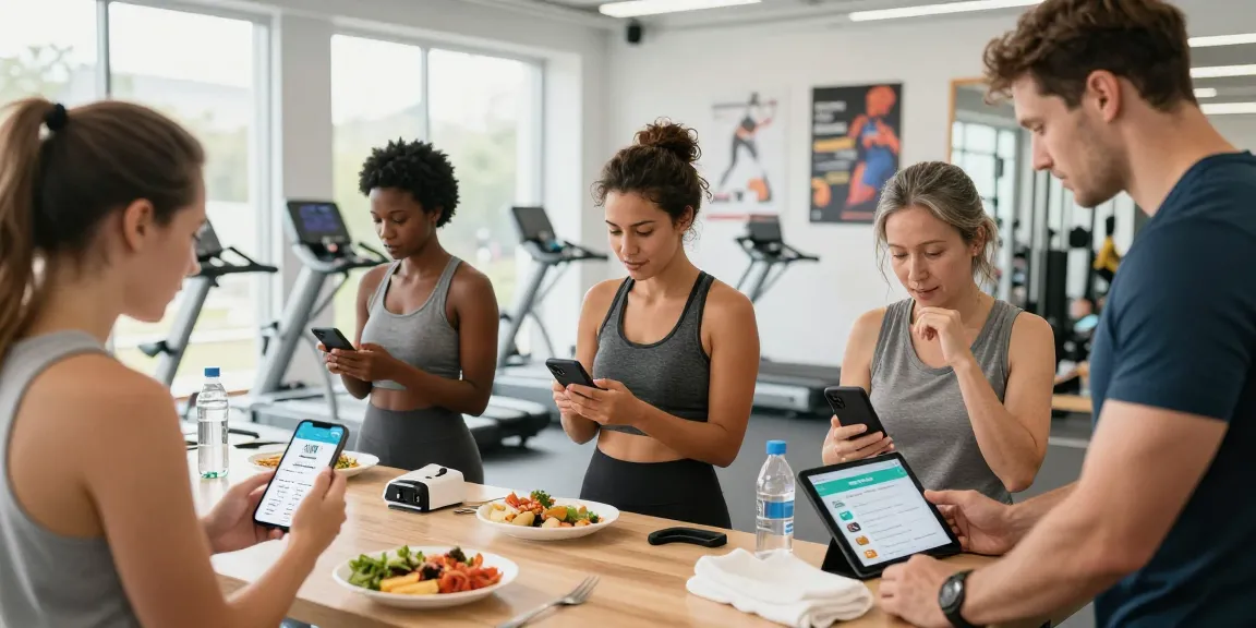 Group using the best calorie tracking apps in a modern gym, showcasing technology and fitness.