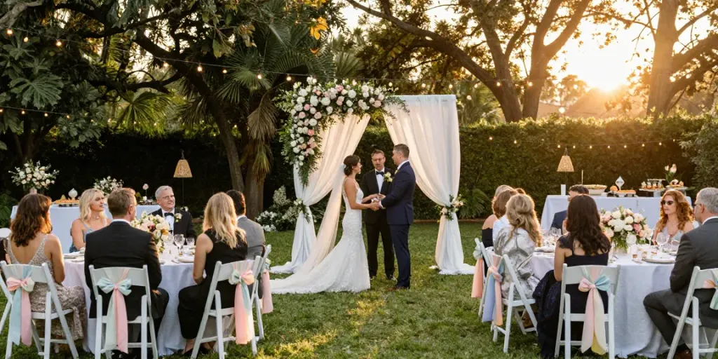 Event rentals setup for an outdoor wedding with floral decor and elegant seating.