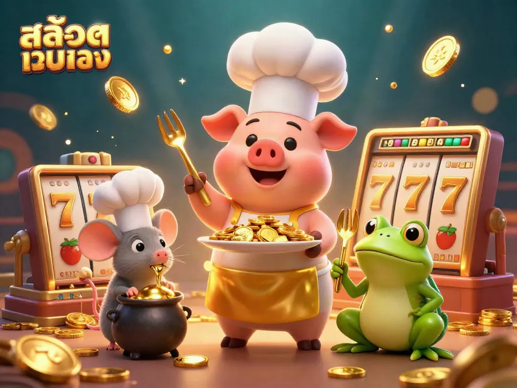 Engage with สล็อตเว็บตรง where a cartoon chef pig serves gold coins in a vibrant casino setting.