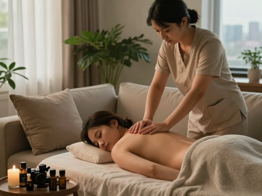서울출장마사지 provides home wellness with personal massage therapy in a serene living room setting.