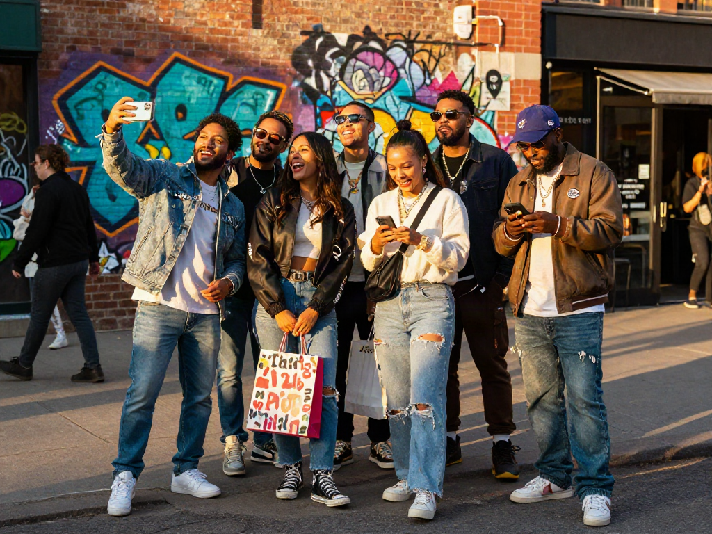 Friends enjoying urban fashion while exploring celebrity look alike styles in a vibrant street scene.