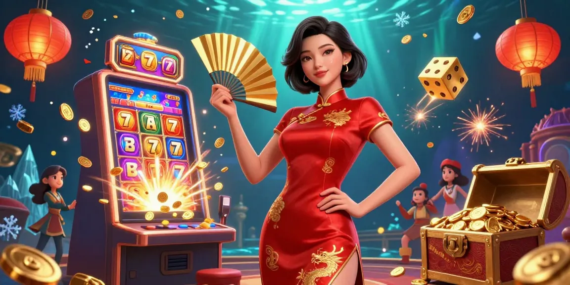 Experience the thrill of slot depo 10k with stunning visuals of an Asian woman in a vibrant qipao amidst winning symbols.