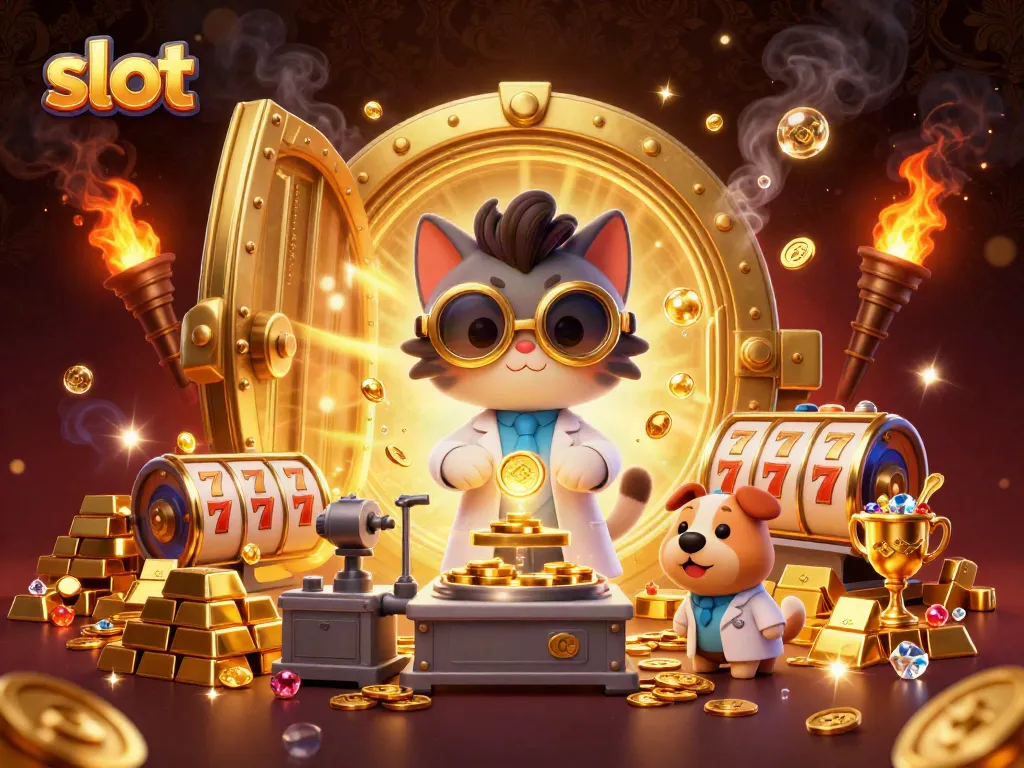 Spin the slot reels with a 3D cartoon mad scientist cat creating gold coins in a vibrant casino lab scene.