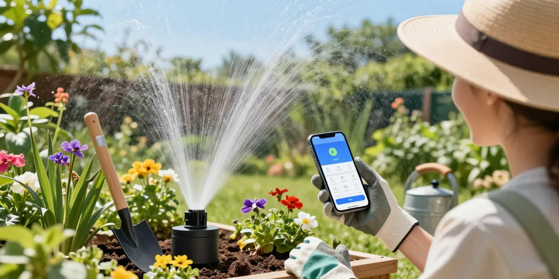Smart sprinkler system being set up in a vibrant garden, showcasing modern irrigation technology for efficient watering.
