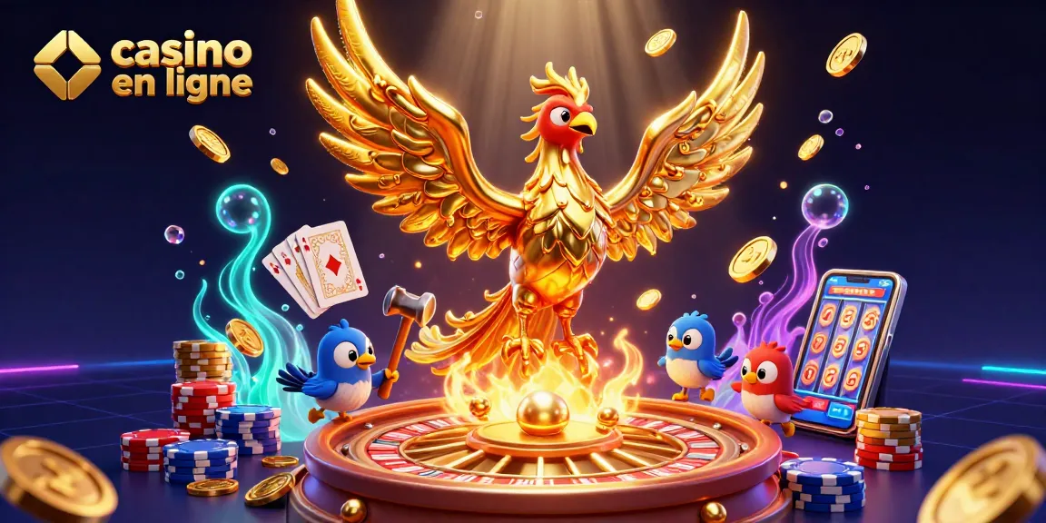 Découvrez les machines à sous et les jeux de casino en ligne dans une illustration dynamique et dorée.