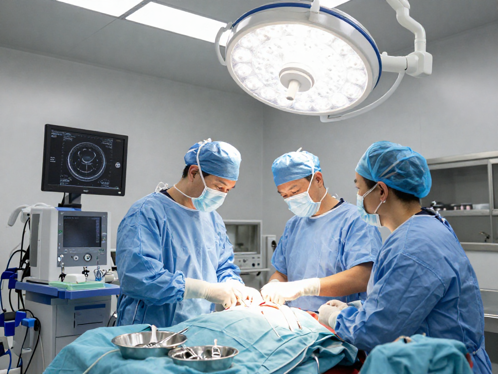 Beyin tümörü ameliyatı in a sterile operating room, showcasing a focused neurosurgeon and advanced medical technology.