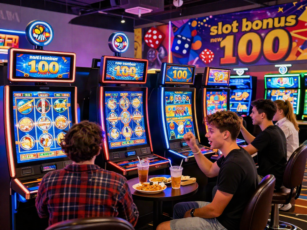 Exciting online casino scene highlighting the slot bonus new member 100 promotion during a lively gaming night.