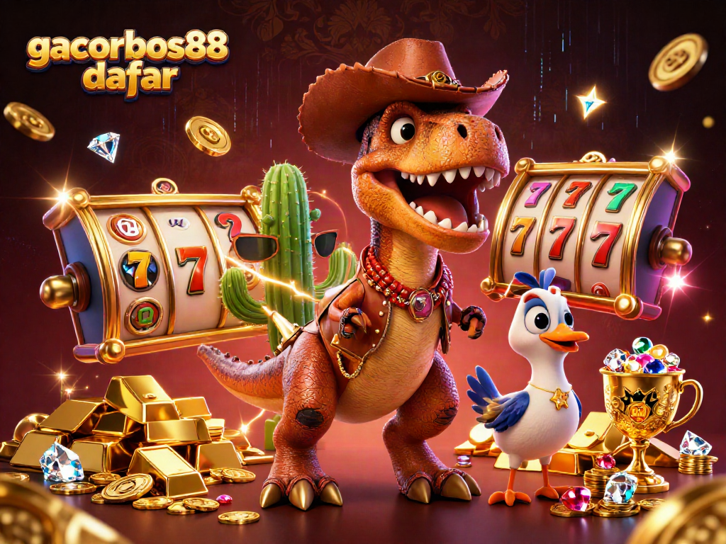 gacorbos88 daftar showcases vibrant casino themes with T-Rex, cactus, and roadrunner