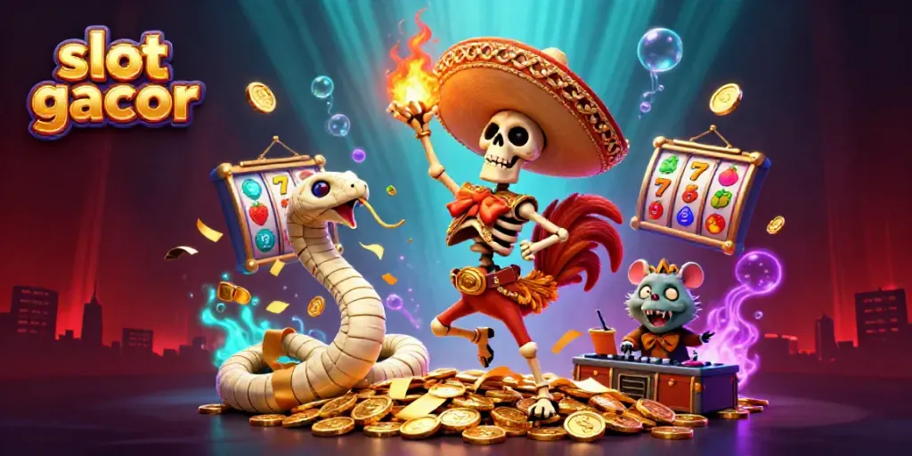 Engage in slot gacor with a vibrant 3D casino scene featuring characters dancing on golden coins.