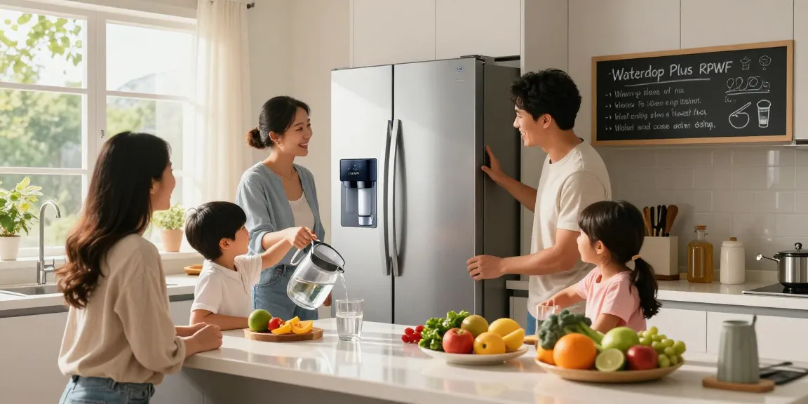Waterdrop Plus RPWF Refrigerator Water Filter enhancing family hydration and health in a bright, modern kitchen.