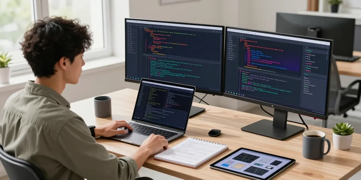 Young software developer coding on dual monitors for 纸飞机中文版 application in a modern tech workspace with vibrant designs.