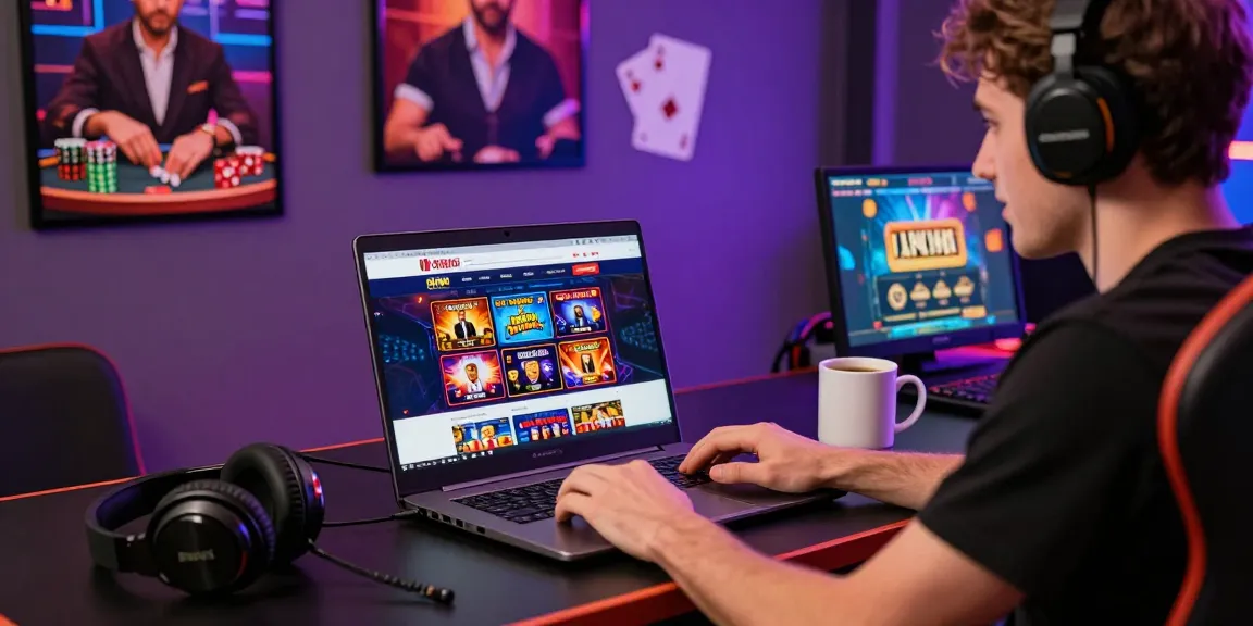 Exciting online casinos Australia gaming scene with a player at a vibrant gaming desk showcasing a laptop with casino graphics.