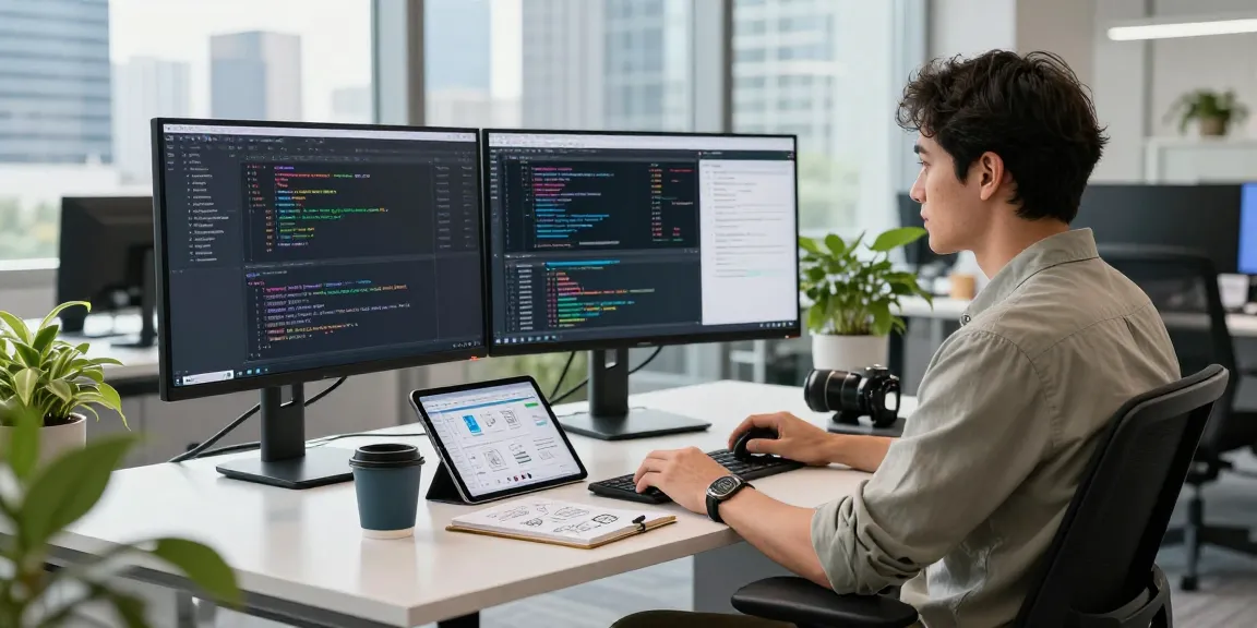 Workspace showcasing tech innovation at teiegramin.com with a developer coding.