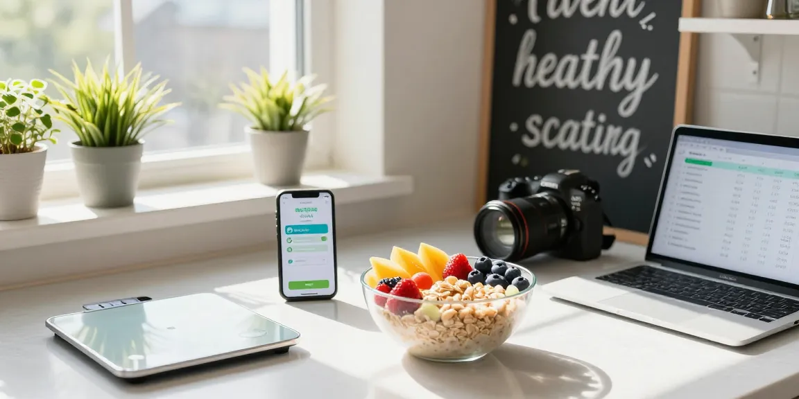 Healthy breakfast prep with best calorie tracking apps displayed on smartphone in a bright kitchen.